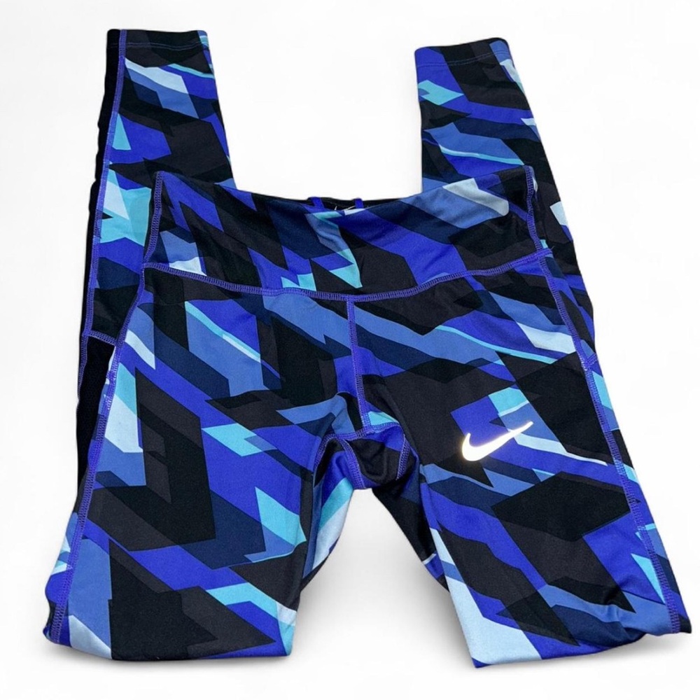 Nike Women's Blue & Black Geometric Leggings w/ drawstring & back zipper pockets